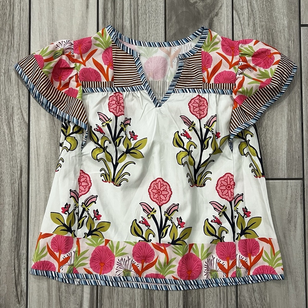 Boho Floral Patchwork Blouse Medium Cottagecore V Neck Short Sleeve Folk Top